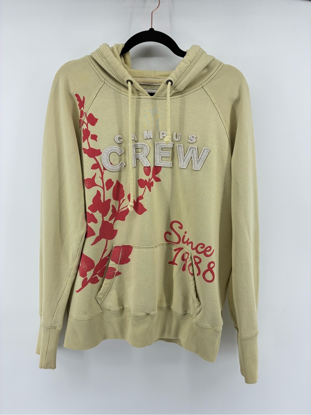 Campus Crew Women’s Hooded Sweater in Light Olive with Red Print